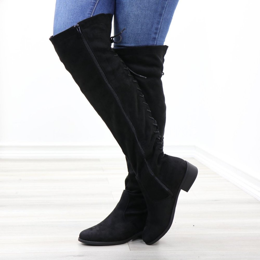 Low Heel Faux Suede Black Thigh High Boots - Picture 9 of 14
